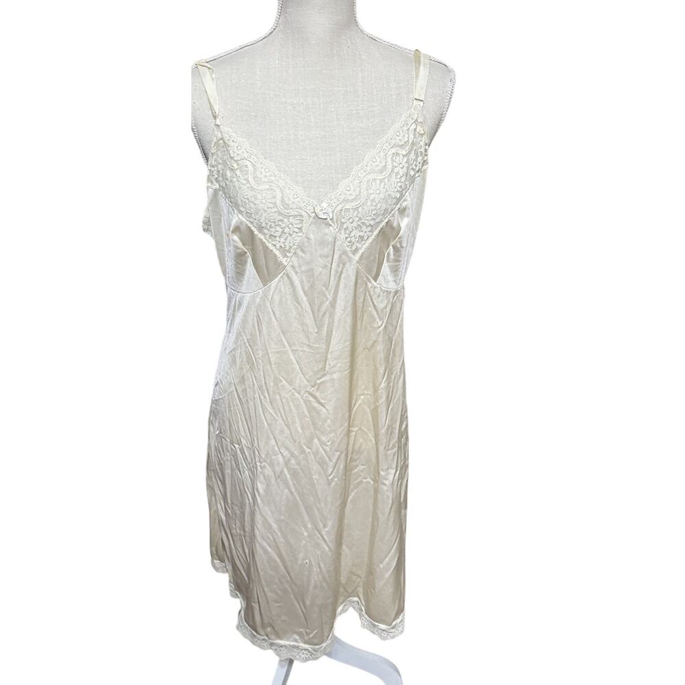 VTG 80s Velrose full slip satin negligee dress sheer sz‎ 40 nylon USA ivory